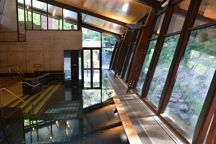 Serene indoor mineral spring pool with overhead skylight at Hepburn Bathhouse, surrounded by relaxation areas and spa facilities