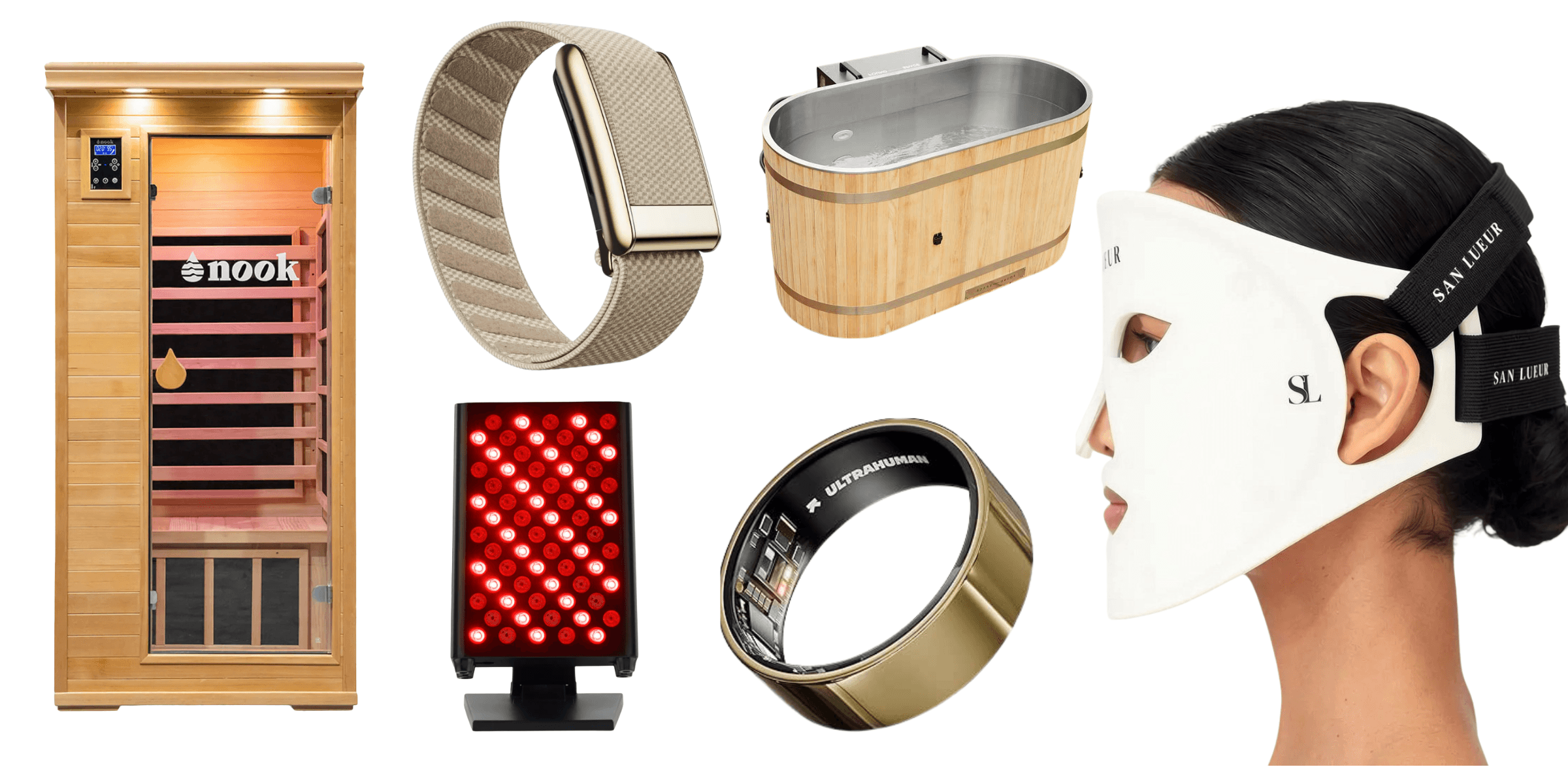 Wellness technology flat lay featuring a Nook infrared sauna, BON CHARGE red light panel, Ultrahuman Ring AIR, cold plunge tub, wearable tracker and San Lueur LED mask