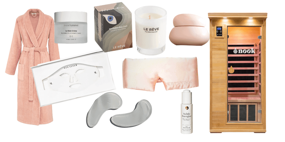 Sigourney's curated sleep essentials including silk pillowcase, eye mask and calming supplements on a white bedside table