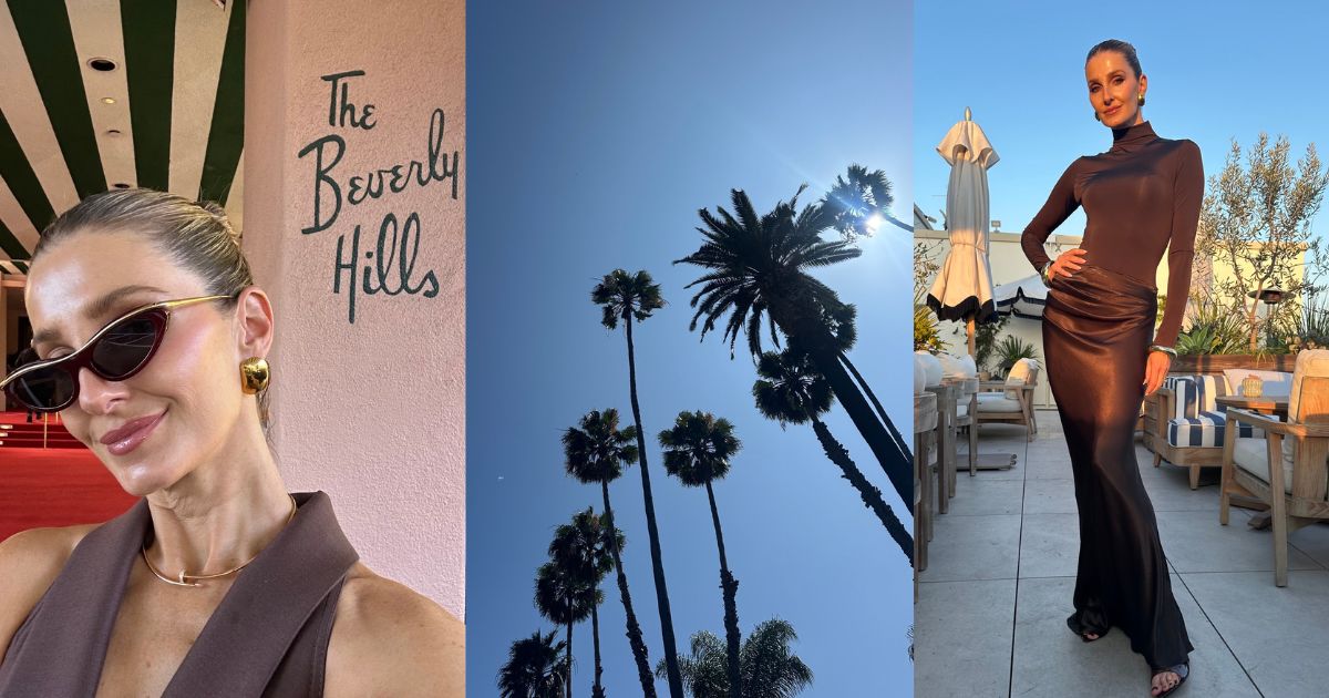 Kate Waterhouse in Beverly Hills — a triptych of a selfie outside The Beverly Hills Hotel, palm trees against a blue LA sky, and a chocolate brown evening gown on a rooftop terrace