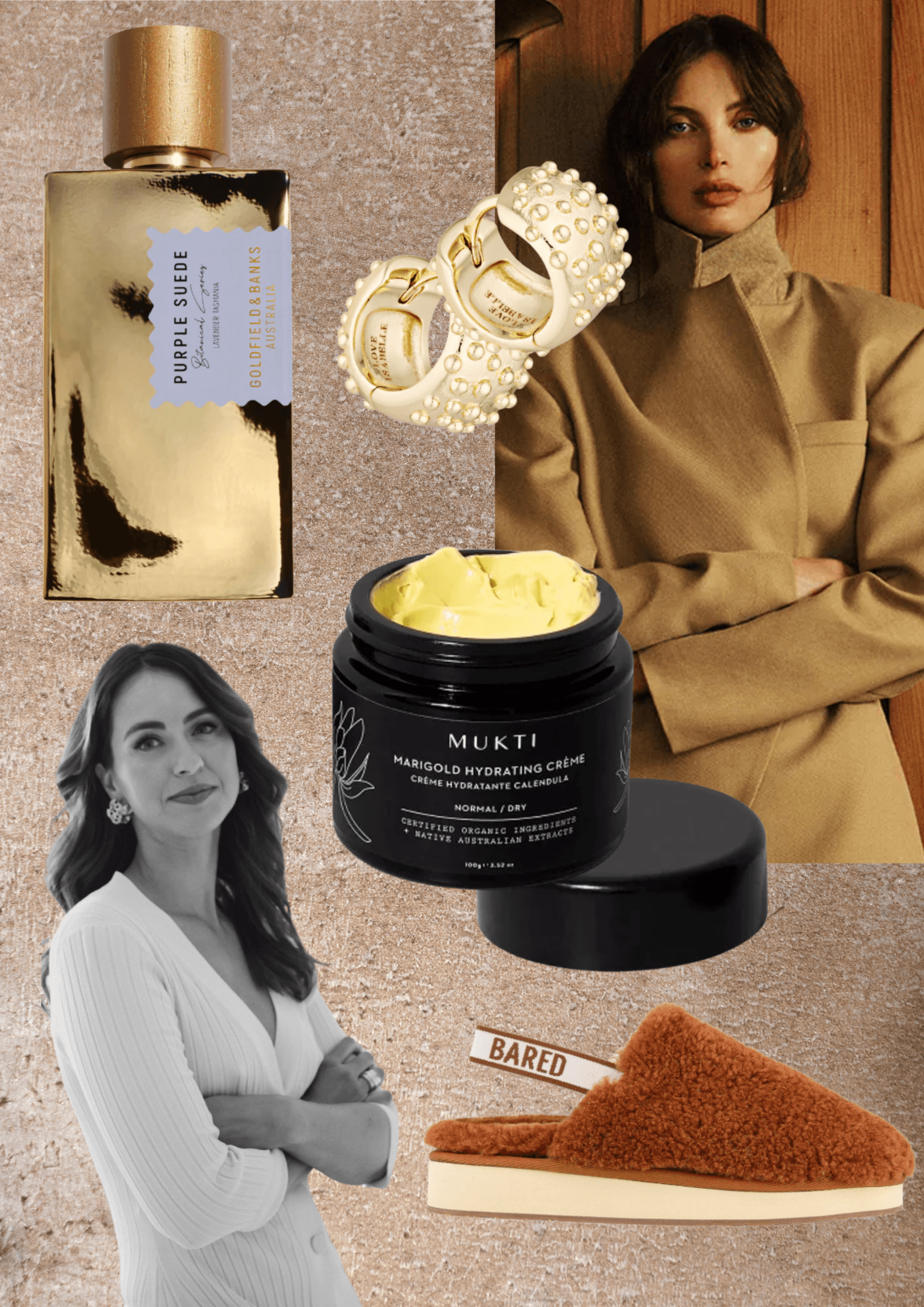 Sigourney Cantelo in a structured blazer holding Goldfield and Banks fragrance for the Beauticate winter edit