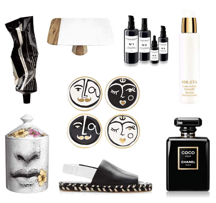  AESOP ROSE HAIR & SCALP MOISTURISING MASK ,  Madras Link Cake Stand ,  EDIBLE BEAUTY CORE FOUR ,   SISLEY SISLEYA ESSENTIAL SKINCARE LOTION , CHANEL COCO NOIR ,  Proenza Schouler Leather Espadrilles ,   FORNASETTI FIOR DI BACIO LILY OF THE VALLEY ,  JASMINE, TUBEROSE AND SANDALWOOD SCENTED CANDLE, JONATHAN ADLER MARSEILLES COASTERS ,  