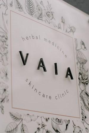 Interior of Vaia Beauty clinic with marble countertops and earthy finishes