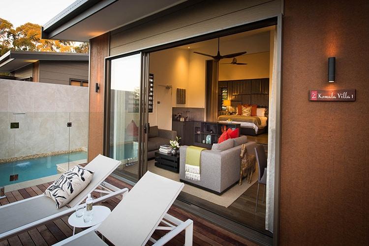 The Komala Villa exterior with private plunge pool and sun loungers