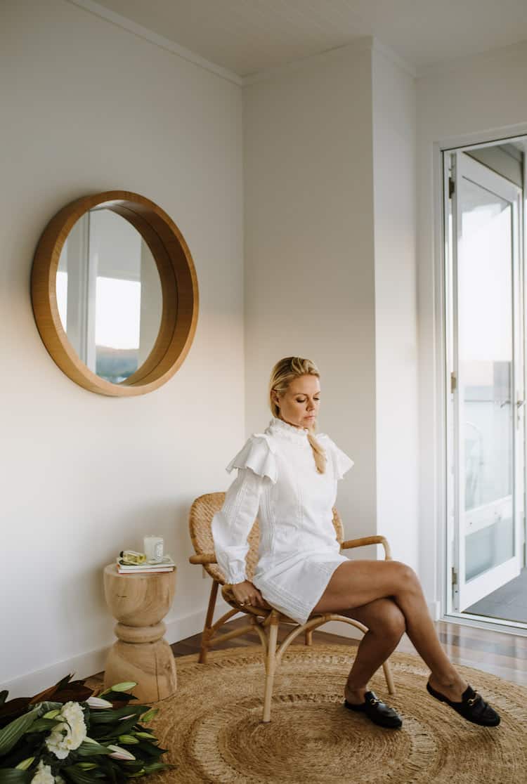 DRESS BY SIR THE LABEL, CHAIR FROM SATARA, RUG FROM ARMADILLO, STUMP FROM GLOBEWEST