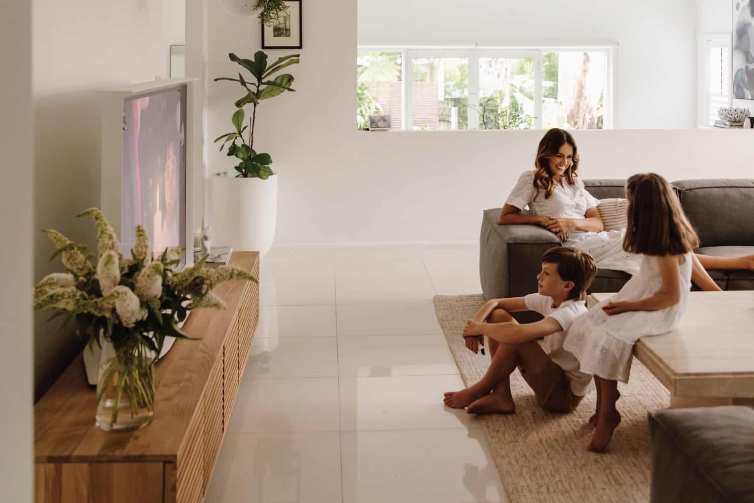 Samsung The Serif 65-inch TV in white on the RJ Living Linear Entertainment Unit