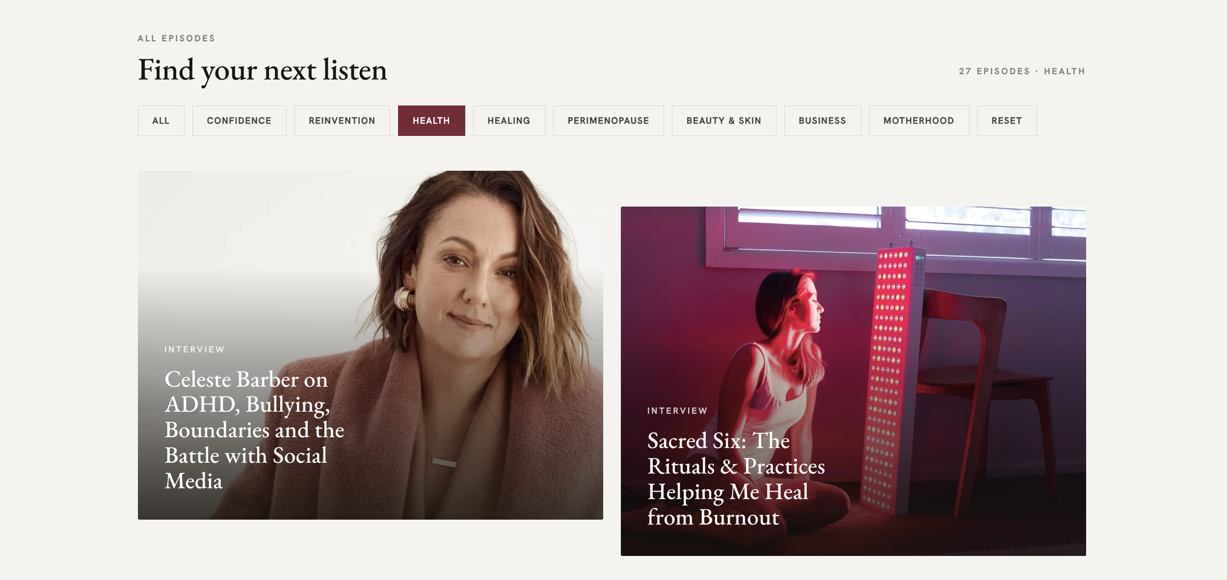 The Beautiful Inside podcast hub with its mood-based filter