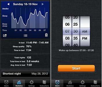 Sleep Cycle app showing sleep quality chart and smart alarm interface on iPhone